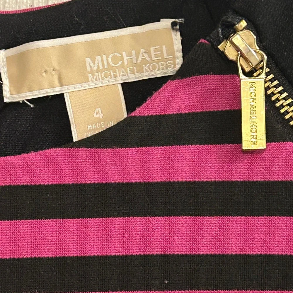 Michael Kors Striped Black Pink‎ Long Sleeve Zipper Detail Dress Size 4